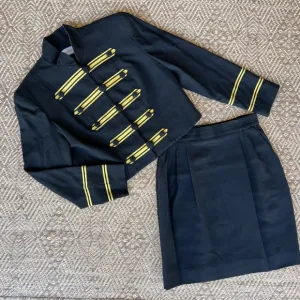 Vintage‎ Wool Military Style Cropped Jacket Blazer Skirt Set Black &amp; Gold Medium