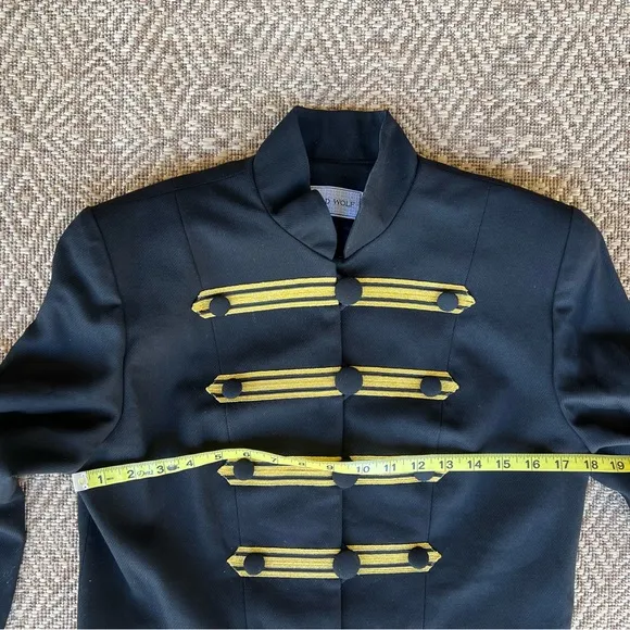 Vintage‎ Wool Military Style Cropped Jacket Blazer Skirt Set Black &amp; Gold Medium