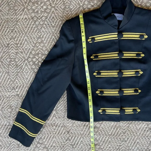 Vintage‎ Wool Military Style Cropped Jacket Blazer Skirt Set Black &amp; Gold Medium