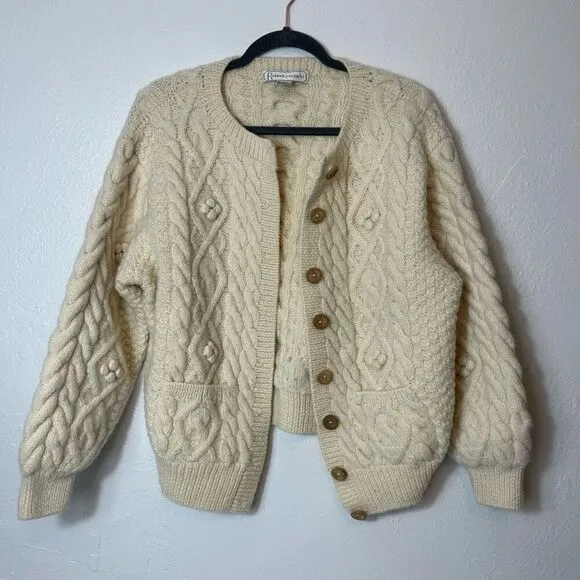 Vintage cable knit 100% wool button front cardigan size Large