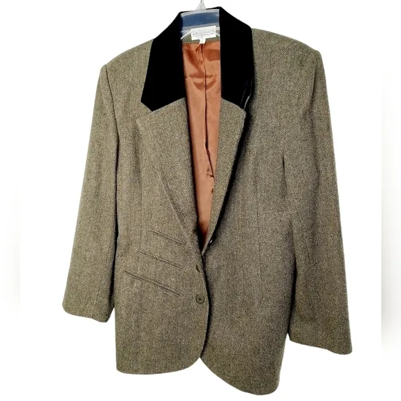 VTG Blazer Jacket Wool Herringbone Velvet Collar 90's Made in USA Dark Academia