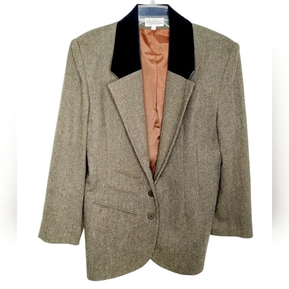 VTG Blazer Jacket Wool Herringbone Velvet Collar 90's Made in USA Dark Academia