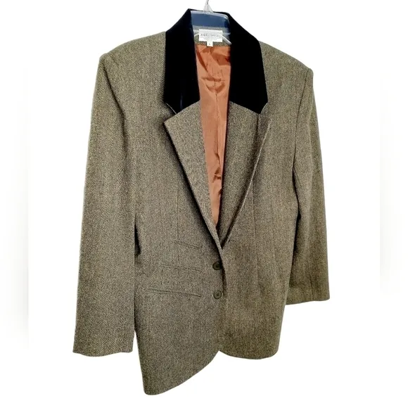 VTG Blazer Jacket Wool Herringbone Velvet Collar 90's Made in USA Dark Academia