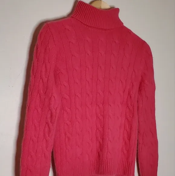 Watermelon Pink Chunky Cable Knit Angora Turtleneck Sweater
