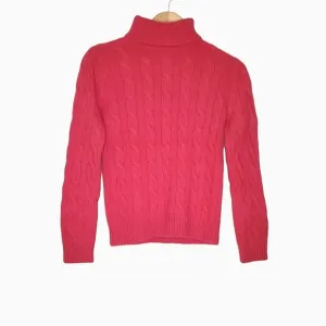 Watermelon Pink Chunky Cable Knit Angora Turtleneck Sweater