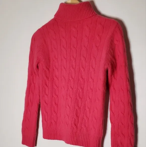 Watermelon Pink Chunky Cable Knit Angora Turtleneck Sweater