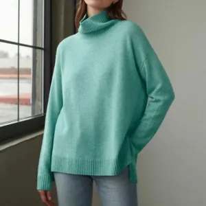 White   Warren 100% Cashmere Mock Neck Teal Blue and Light Grey Cozy Sweater