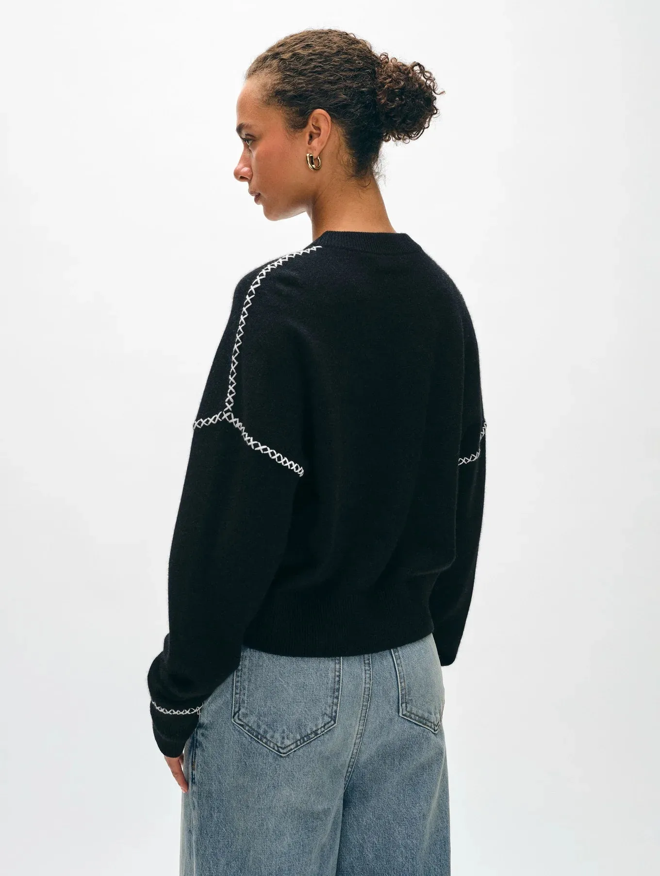 White   Warren Cashmere Blanket Stitch Crew