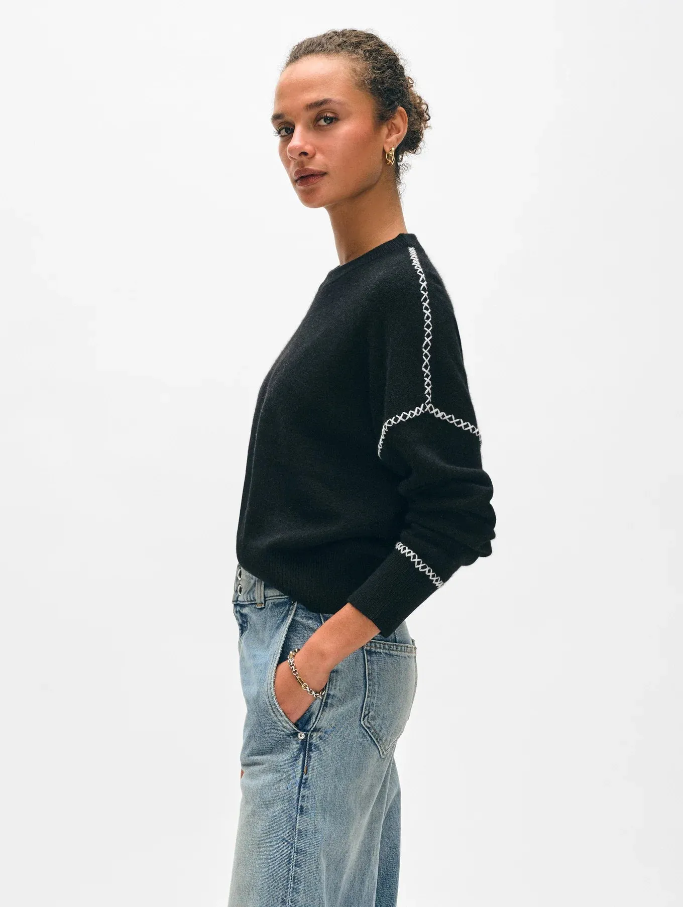 White   Warren Cashmere Blanket Stitch Crew