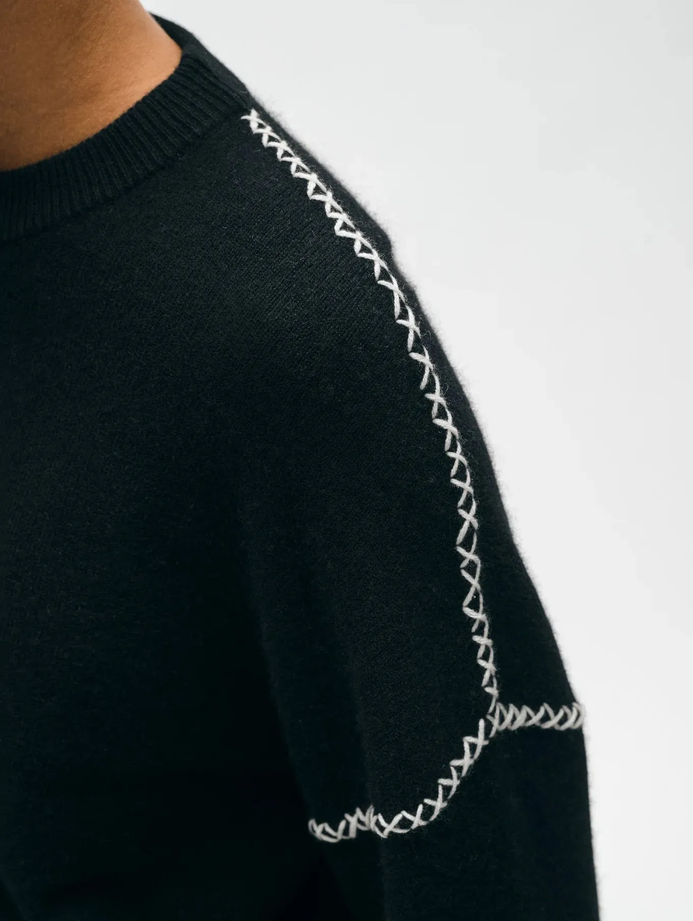 White   Warren Cashmere Blanket Stitch Crew