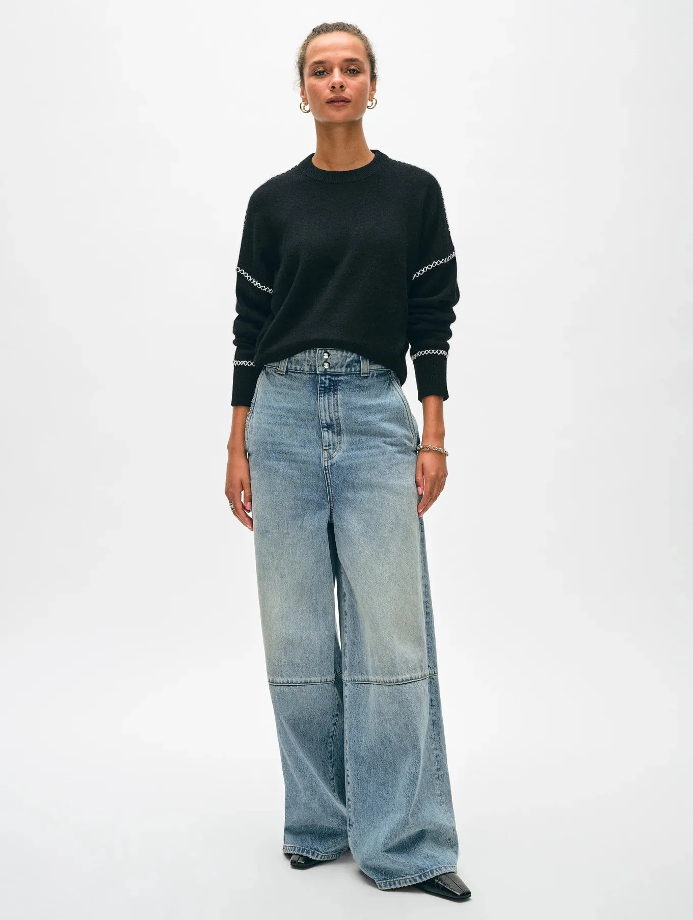 White   Warren Cashmere Blanket Stitch Crew
