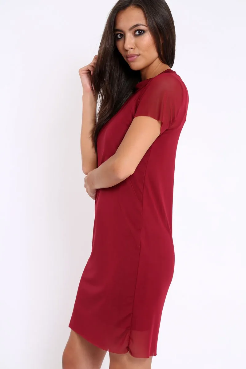 Wine Mesh Overlay T-Shirt Dress - Selena