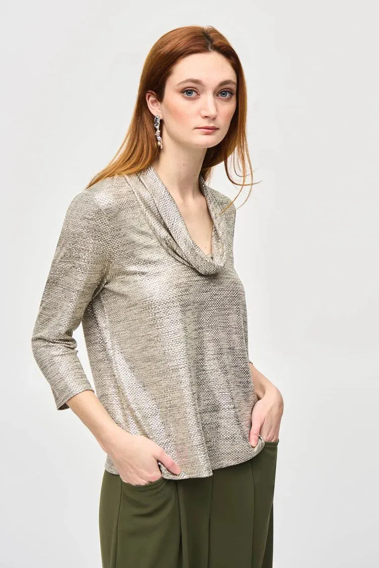 Women's Joseph Ribkoff | Foiled Knit Cowl Neck Top | Beige and Gold