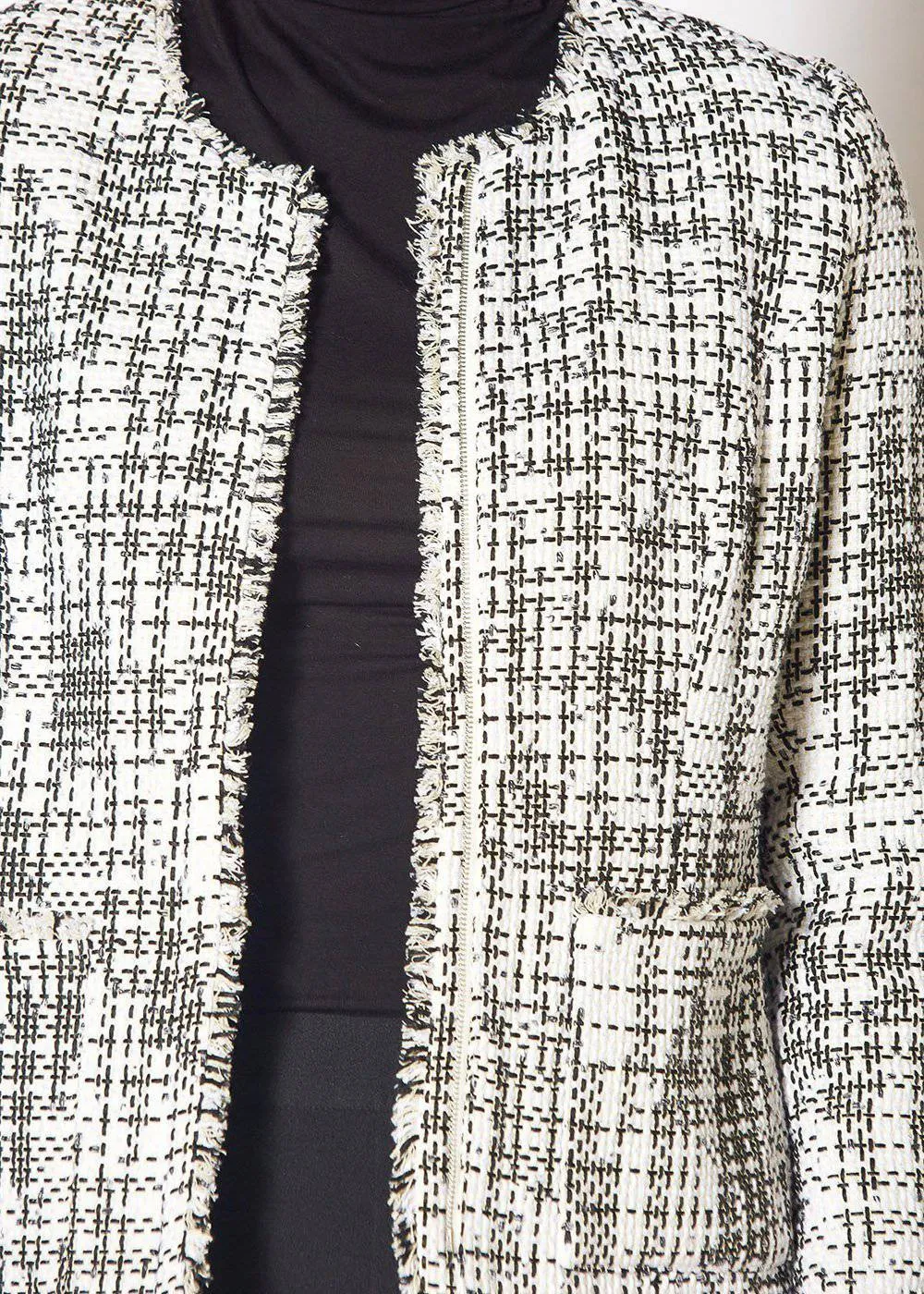 Women's Open Front Tweed Blazer in Black White Tweed