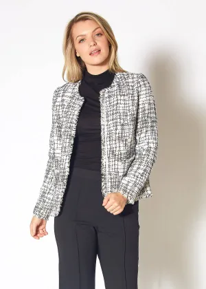 Women's Open Front Tweed Blazer in Black White Tweed