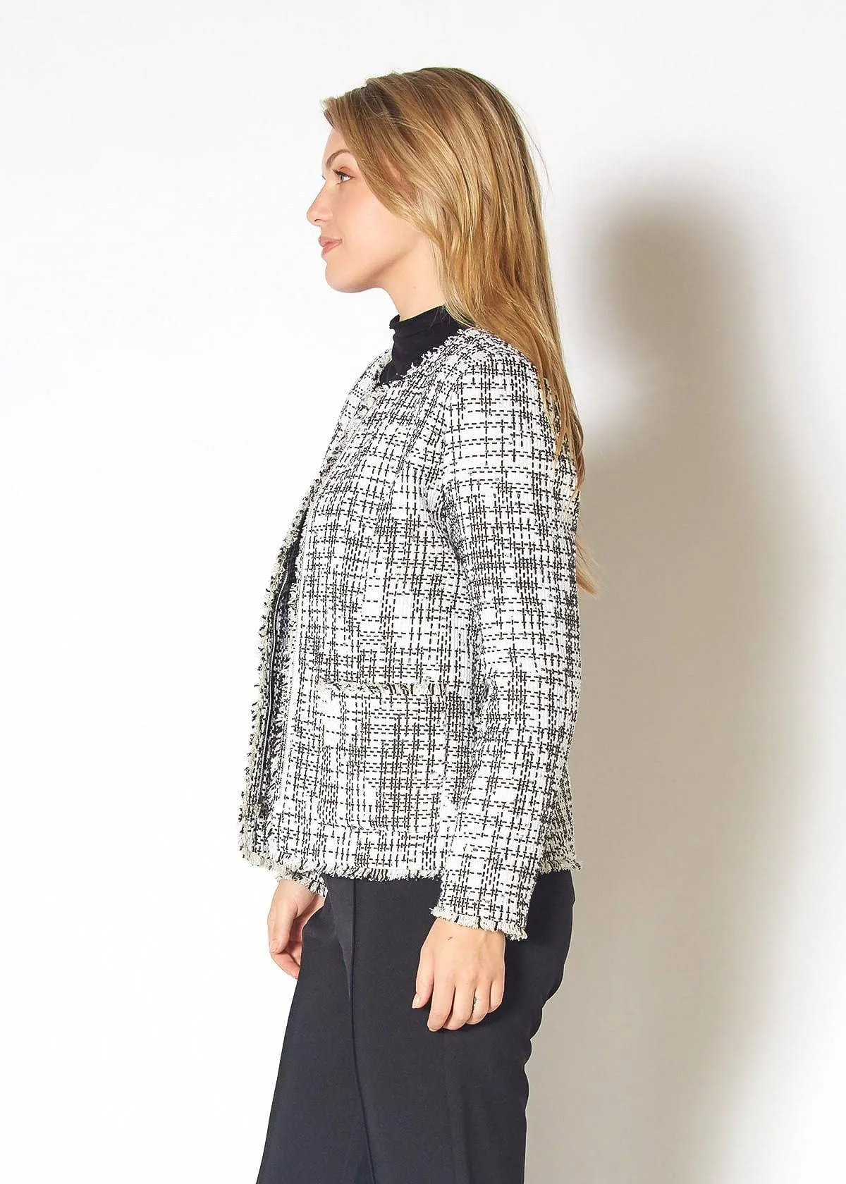 Women's Open Front Tweed Blazer in Black White Tweed