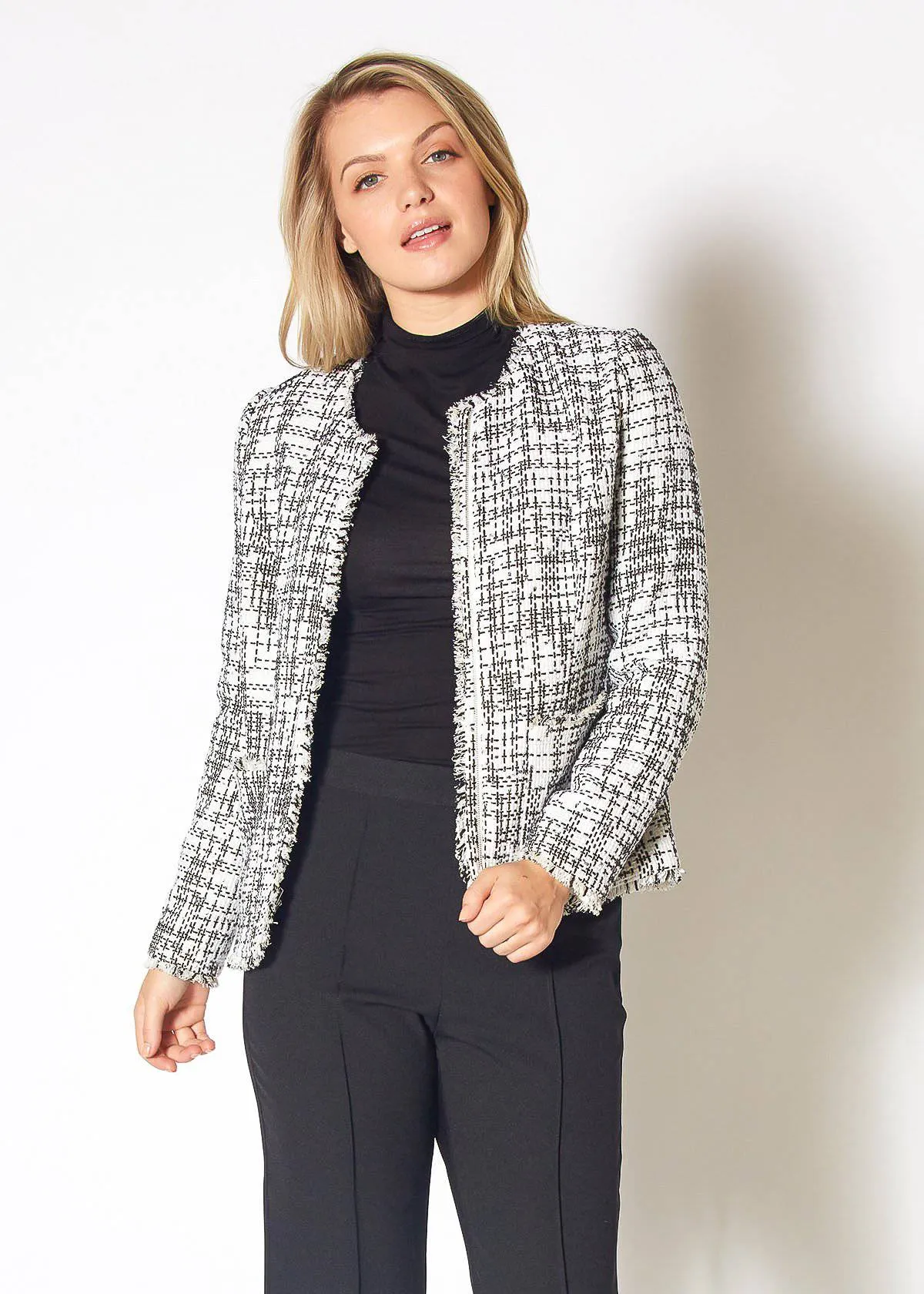 Women's Open Front Tweed Blazer in Black White Tweed