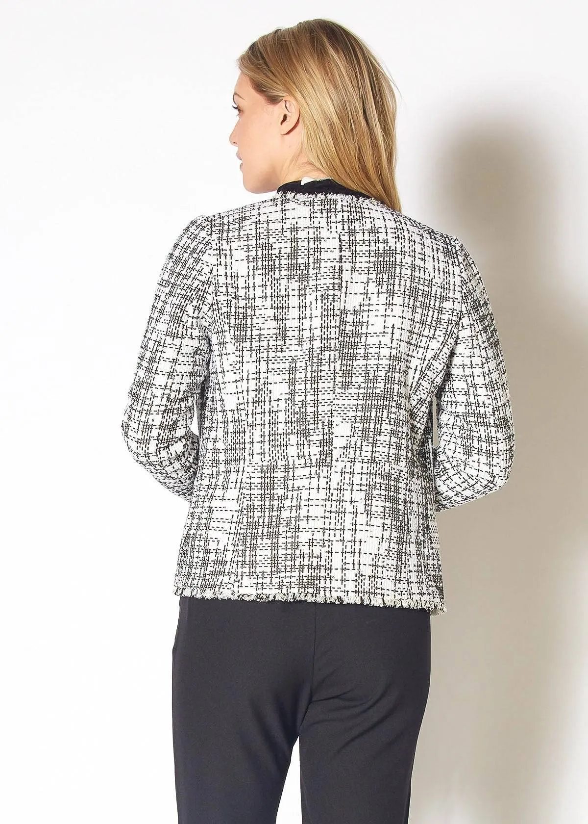 Women's Open Front Tweed Blazer in Black White Tweed