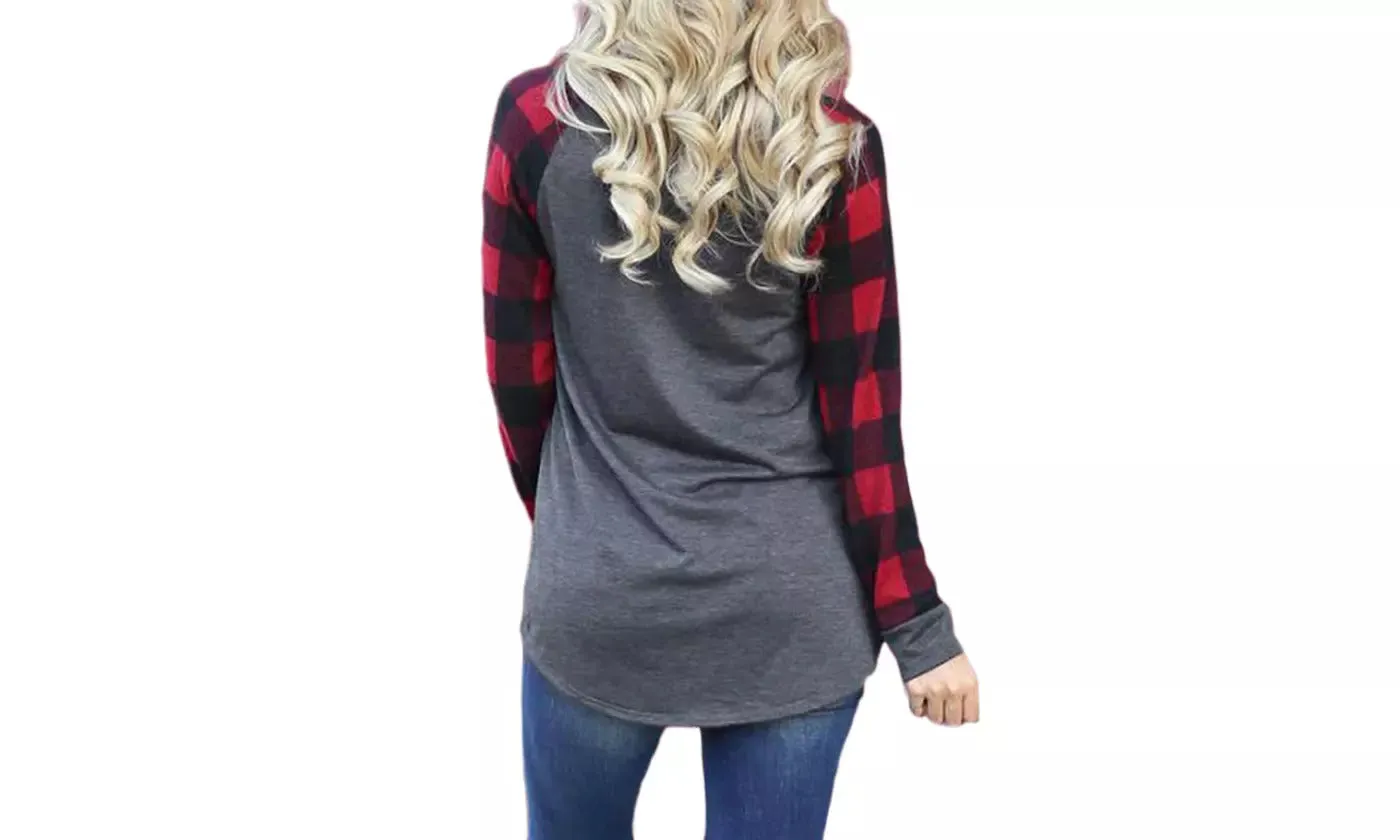 Xmas t-shirt with Christmas trees and buffalo plaid long sleeves