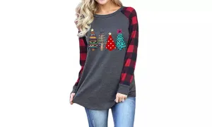Xmas t-shirt with Christmas trees and buffalo plaid long sleeves