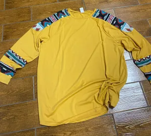 Yellow Shirt with Aztec Design on Sleeves