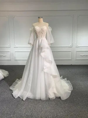 Z006-Organza Sweetheart Neckline Wedding Dress With Long Tail & Removable Sleeve