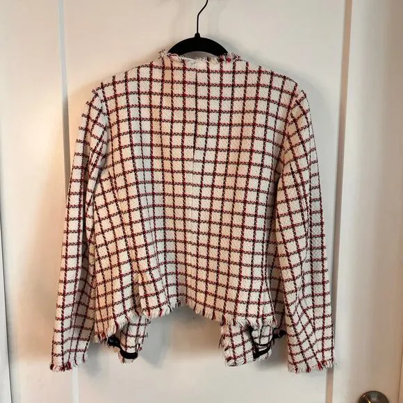 Zara Basic Drape Front Frayed Tweed Check Windowpane Blazer Coat Size XL