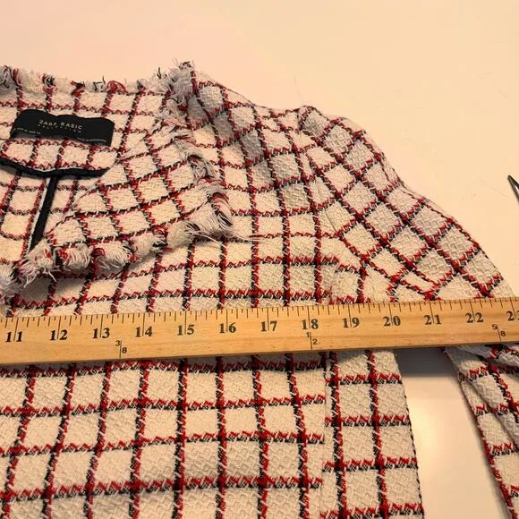 Zara Basic Drape Front Frayed Tweed Check Windowpane Blazer Coat Size XL