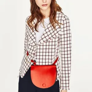 Zara Basic Drape Front Frayed Tweed Check Windowpane Blazer Coat Size XL