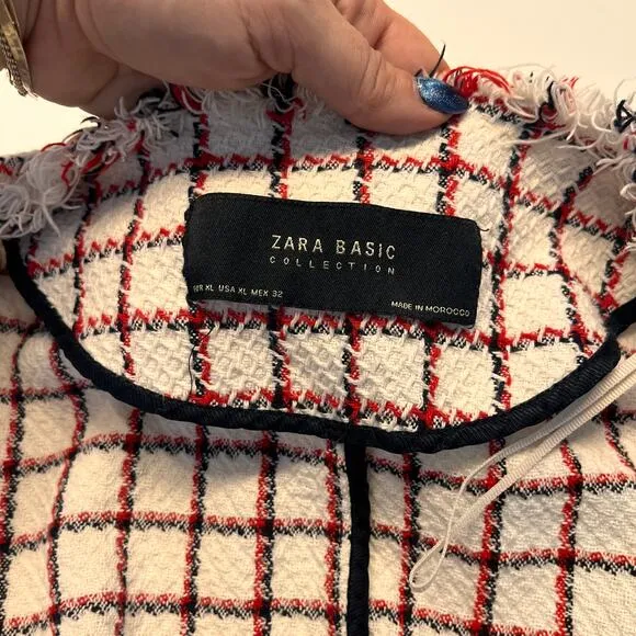 Zara Basic Drape Front Frayed Tweed Check Windowpane Blazer Coat Size XL