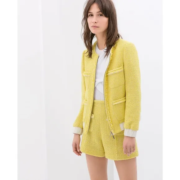 Zara EUC Yellow Tweed Boucle Bomber Jacket Blazer Size XS Bloggers Favorite