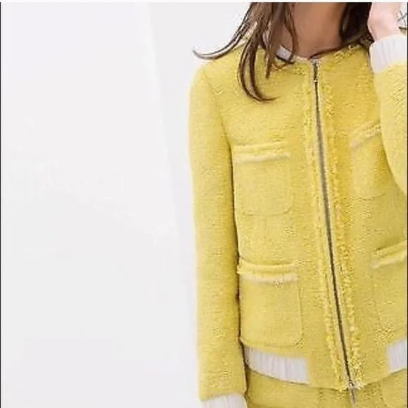 Zara EUC Yellow Tweed Boucle Bomber Jacket Blazer Size XS Bloggers Favorite