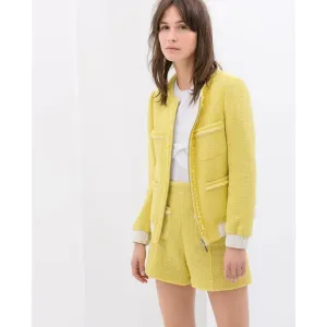 Zara EUC Yellow Tweed Boucle Bomber Jacket Blazer Size XS Bloggers Favorite