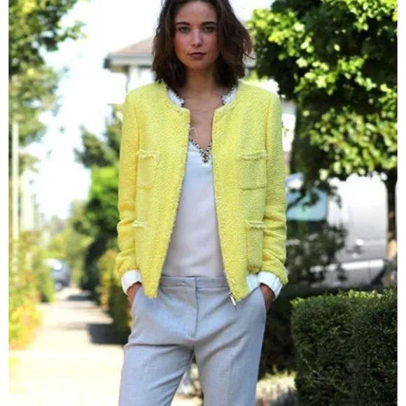 Zara EUC Yellow Tweed Boucle Bomber Jacket Blazer Size XS Bloggers Favorite