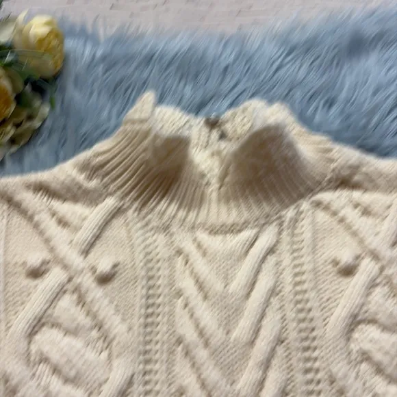 Zara Ivory Cable Knit Pom Pom Wool Blend Peplum Sweater sz S