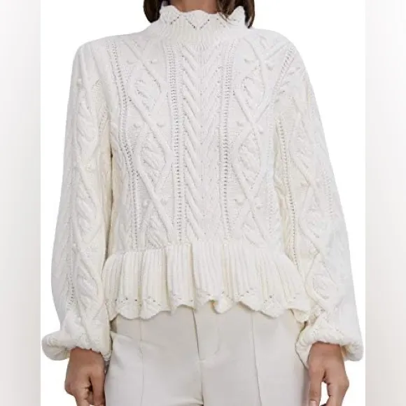 Zara Ivory Cable Knit Pom Pom Wool Blend Peplum Sweater sz S