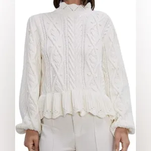 Zara Ivory Cable Knit Pom Pom Wool Blend Peplum Sweater sz S