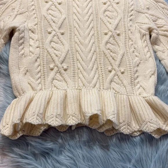 Zara Ivory Cable Knit Pom Pom Wool Blend Peplum Sweater sz S