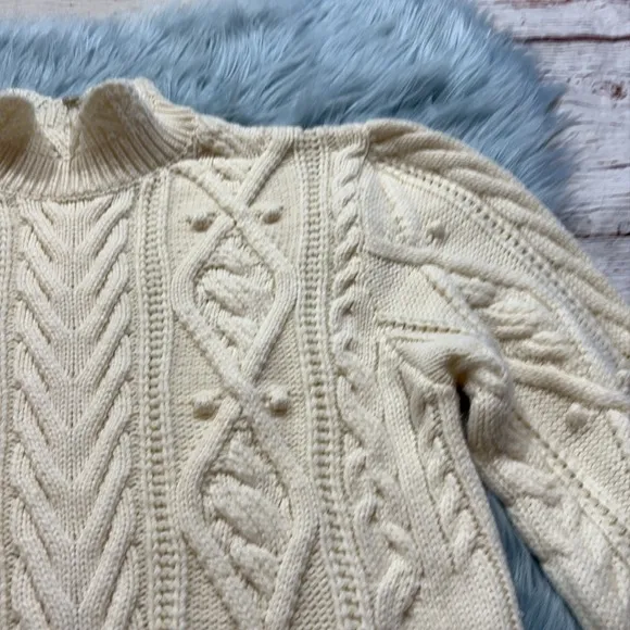 Zara Ivory Cable Knit Pom Pom Wool Blend Peplum Sweater sz S