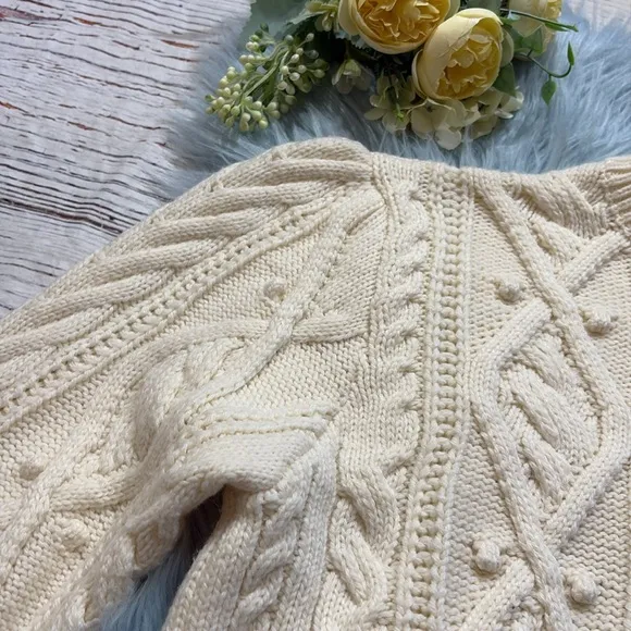 Zara Ivory Cable Knit Pom Pom Wool Blend Peplum Sweater sz S