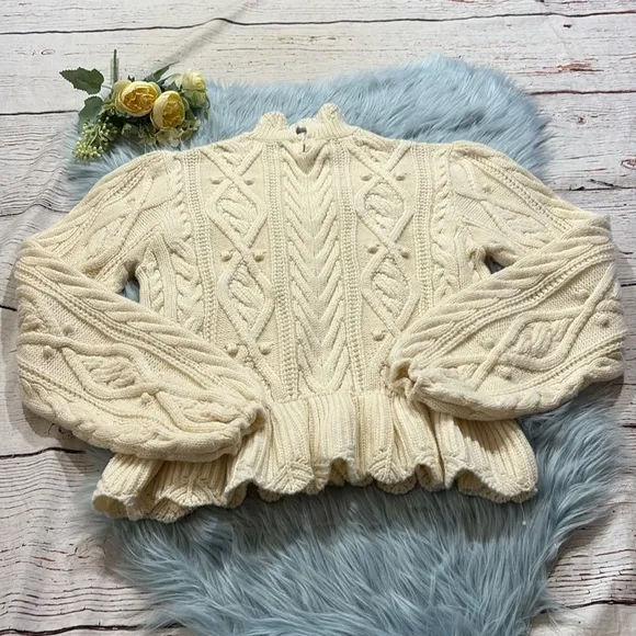 Zara Ivory Cable Knit Pom Pom Wool Blend Peplum Sweater sz S