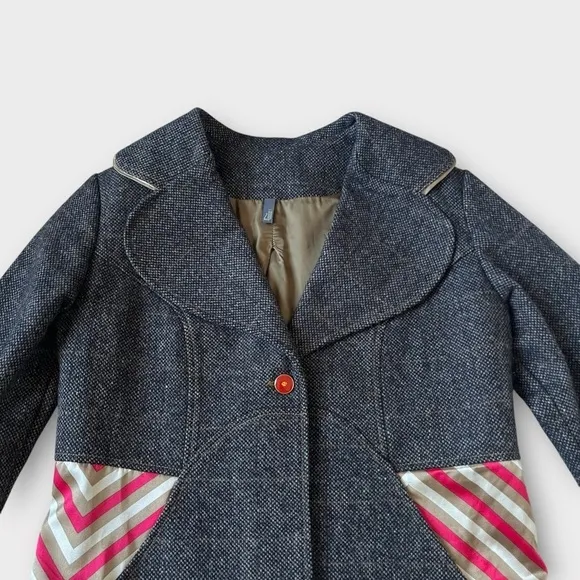 Ziji Wool &amp; Silk Blazer Jacket Cropped Brown Tweed Large Lapels Y2K Grunge 4