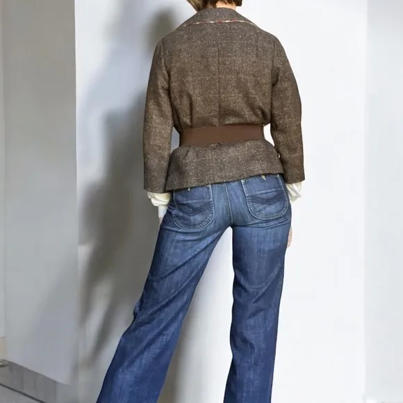 Ziji Wool &amp; Silk Blazer Jacket Cropped Brown Tweed Large Lapels Y2K Grunge 4