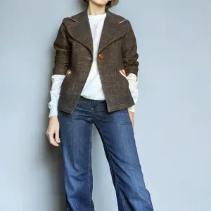 Ziji Wool &amp; Silk Blazer Jacket Cropped Brown Tweed Large Lapels Y2K Grunge 4